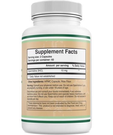 Spermidine Supplement (10mg of 99% Spermidine 3HCL - Third Party Tested) 120 Capsules - Over 100x More Potent Than Wheat Germ Extract for Cell Membrane Telomere Health and Aging by Double Wood - Buy Online on GoSupps.com