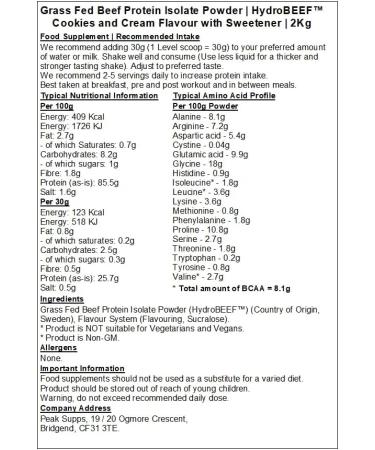 Grass Fed Beef Protein Isolate 95% - HydroBEEF | Cookies & Cream Flavour (2kg) Cookies & Cream 2kg - Buy Online on GoSupps.com