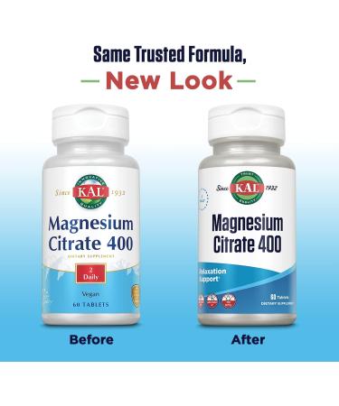 KAL Magnesium Citrate 400mg Supplement for Muscle Function & Nerve Support - 60 Tablets - Buy Online on GoSupps.com