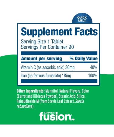 Bariatric Fusion Iron Supplement for Women Quick Melt | Sugar Free Dissolvable Chewable Iron Tablets | Ferrous Fumarate 18 mg Iron with Vitamin C | Melon Berry | Gluten Dairy and Soy Free | 90 Count - Buy Online on GoSupps.com