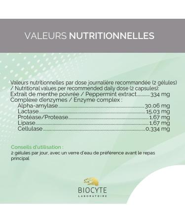 BIOCYTE 5 Digestive Enzymes - Food Supplement Digestion - Based on Amylase Cellulase Lactase Lipase Protease and Peppermint - 60 Capsules - 30 Days Taken - Buy Online on GoSupps.com