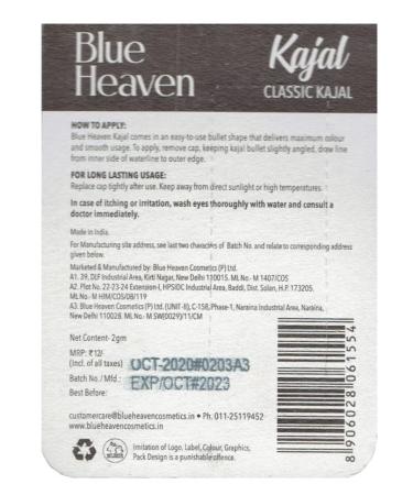 Blue Heaven Indian Kajal Black Kohl Eyeliner - 1pc | Long-Lasting Eye Makeup | International Shipping - Buy Online on GoSupps.com