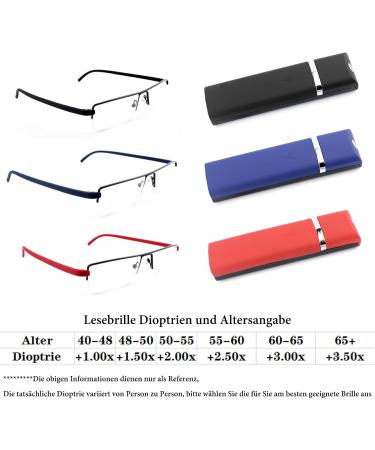MMOWW 3 Series Pack Reading Glasses for Men & Women Ultra-Light TR90 Half-Brand Metal Specs with Case (Black Blue Red 3.0X) - International Shipping Available - Buy Online on GoSupps.com