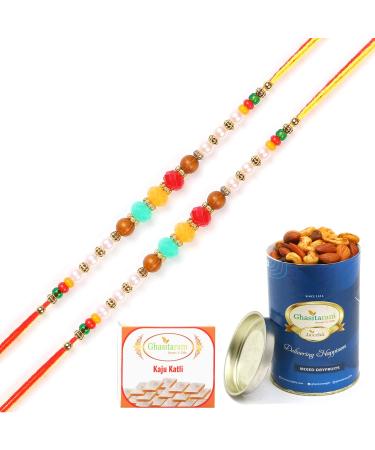 Ghasitaram Gifts Rakhis Online for Brother- Set of 2-6045 Rakhi Thread with 100 GMS of Dryfruits Mix Can 200 GMS of Kaju katli 2 Rakhi & 100g Dryfruits Mix Can 200g Kaju katli