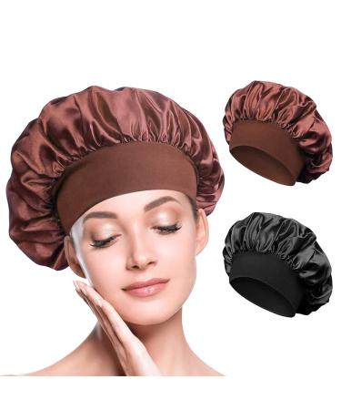 leiwo Silk Bonnet Satin Bonnet 2PCS Hair Bonnet for Sleeping Soft Elastic Band Breathable Hair Wrap Sleep Cap Black + Brown