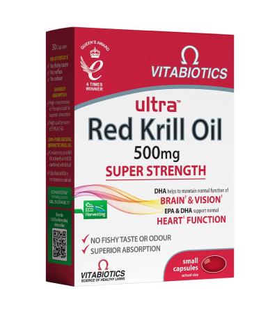 Vitabiotics Ultra Red Krill Oil Nutritional Supplement Capsule with Omega 3-9 Fatty Acids DHA EPA Astaxanthin for Heart Brain And Eye Vision Support from Antarctic Marine Phospholipids 30 Count (Pack of 1)