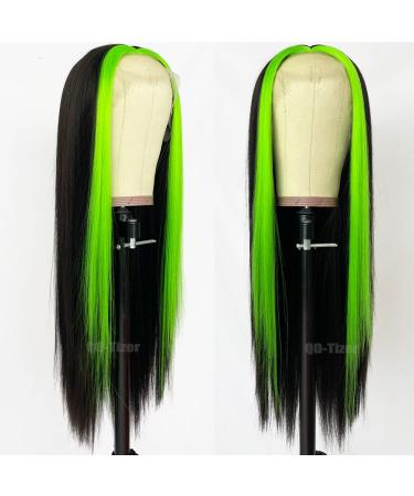 QD-Tizer Black Synthetic Lace Front Wig with Fluorescent Green Highlights - Heat Resistant Fiber, Long Straight Hair, Natural Hairline Middle Part | #FG16 - Buy Online on GoSupps.com