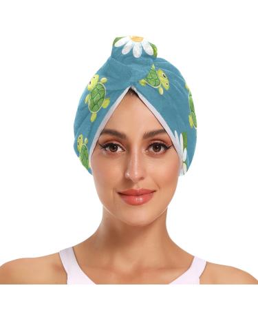 Cartoon Cute Turtles and Daisies Hair Towel 2 Pack Super Absorbent Hair Drying Towel Quick Dry Hair Turbans Head Towel with Button Twisty Wrap for Women Girls
