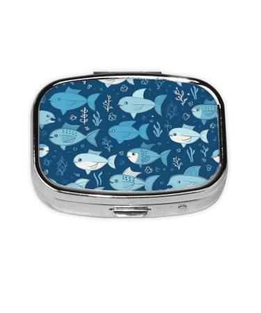Cute Blue Fish Printing 2 Compartment Small Pill Case Cute Small Pill Box Purse Pill Boxs Travel Pill Organizer for Pocket Purse and Travel Gifts