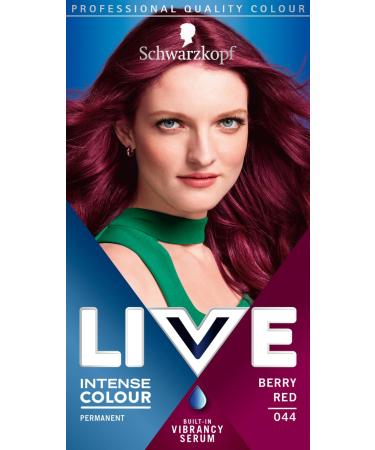 Schwarzkopf LIVE Intense Colour Berry Red Permanent Hair Dye 044 Long Lasting Red Hair Dye with Built-In Vibrancy Serum Berry Red Hair Dye for up to 100% Grey Coverage