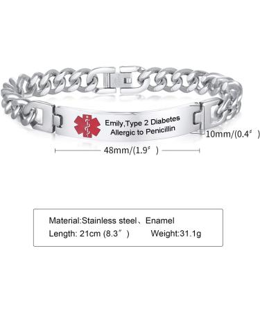 VNOX Men's Medical Alert ID Bracelet - Stainless Steel Wrist Link Chain with Free Engraving - 8 Inches - Buy Online on GoSupps.com