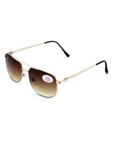 V.W.E. Bifocal Outdoor Sunglasses Metal Reading Glasses - Big Lens Spring Hinge Square Reader Gold - Brown Lens 2.5 x
