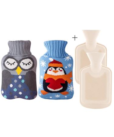 2 Pack Rubber Hot Water Bottle Small with Cover - Cute Hot Water Bag for Pain Relief, Neck and Shoulders, Feet Warmer, Menstrual Cramps, Hot and Cold Therapy - Cartoon Penguin and owl Pattern(1 L*2) 1 Liter*2 Grey & Blue