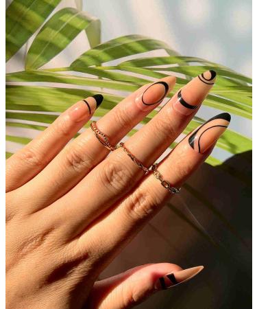 Sankki Almond French Tip Press on Nails - Black Abstract Line Design - 24Pcs Medium Length False Nails - Acrylic Glossy Finish - for Women and Girls - Buy Online on GoSupps.com