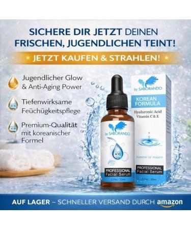  Saborando Korean Skincare Hyaluronic Acid Face Serum - High Dose Hyaluronic Acid + Vitamin C & E - Intense Hydration & Anti-Aging - For All Skin Types - 30ml - Buy Online on GoSupps.com