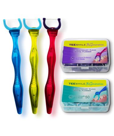 TEEsmile Evolutionary Clean Dental Flossers Kit of Handle(s) Plus Refillable Heads (3 Mid-Length Handles 50 Extra Strength Refills +50 2-Strand Refills) 103 Piece Set +50 Extra Strength Refills +50 2-strand Refills
