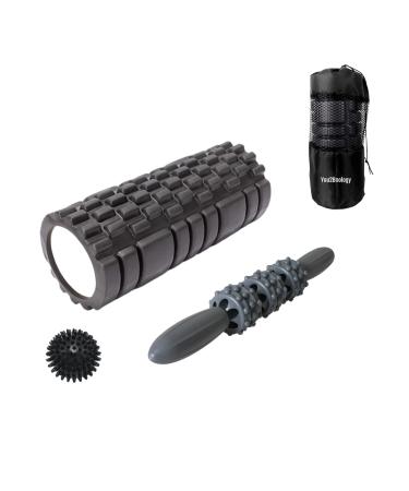 You2bnology 4-in-1 Foam Roller Kit for Deep Tissue Massage, 33cm Muscle Roller Stick and Massage Ball for Physical Therapy Pain Relief Myofascial Release Balance Exercise (Black)