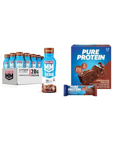 Muscle Milk Zero Protein Shake Chocolate 20g Protein 12 Pack + Pure Protein Bars Chocolate Deluxe High Protein 12 Count