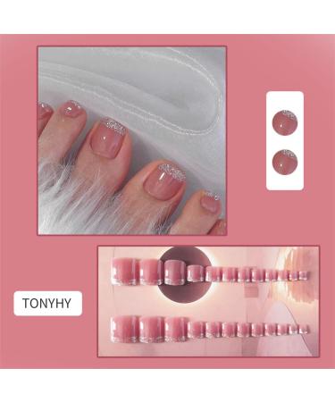Glitter Rhinestone Pink Press-on Toenails - Square Acrylic False Toe Nails for Women - Buy Online on GoSupps.com