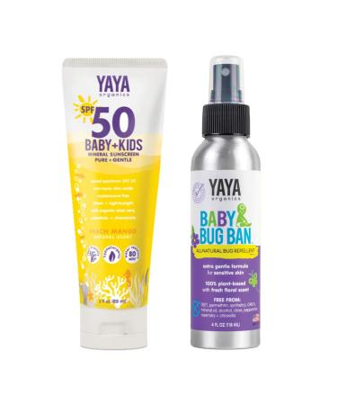 Sun + Bug Protection Bundle for Baby + Kids by YAYA Organics | Reef-friendly SPF 50 Mineral Sunscreen and Deet-free Baby Bug Ban Natural Bug Repellent Spray | Pure and Gentle for Sensitive Skin | 3 oz / 4 oz