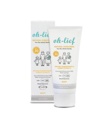 Oh-Lief Natural Body Sunscreen for the whole family 100 ml Certified Natural & Organic Broad-Spectrum protection UVA/UVB water resistant Hypoallergenic Unscented & Preservative free 100 ml (Pack of 1)