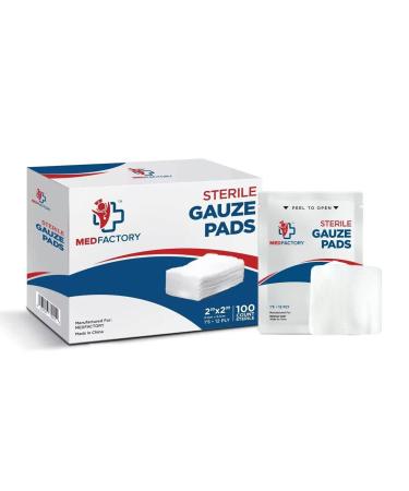 MEDFACTORY 2 x 2 Sterile Gauze Pads 100-Pack Disposable & Individually Packed Pouches 12-Ply Cotton & Highly Absorbent Medical Gauze Pads, Wound Care for First Aid Kit and Medical Facilities. 22 Inch ( pack of 100)