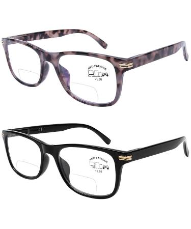 DOOViC Bifocal Reading Glasses Set of 2 Blue Light Blocking Black/Tortoise Spring Hinge Quality Readers for Women and Men 1.00 Strength C1+c2 1.0 x