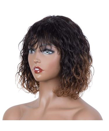 Fashion Idol 10 Bob Curly Human Hair Wig for Black Women - Short Deep Water Wavy Wig with Bangs, 150% Density, Ombre Auburn - 10 Inch | Brazilian Virgin Human Hair - Buy Online on GoSupps.com