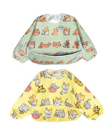 Little Dimsum Weaning Bibs Set with Sleeves Long Sleeved Waterproof Toddlers Feeding Bib Apron Food Protection Large Pocket Overalls 6-36 Months (Puppy/Cat)