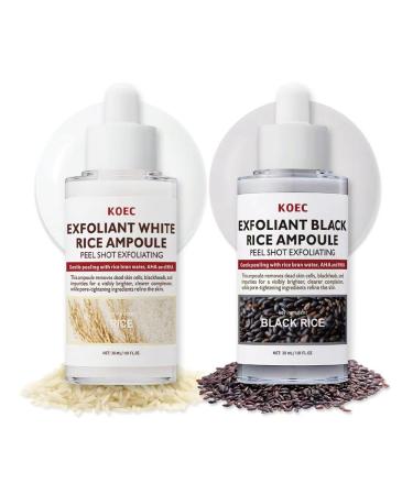 KOEC 2pcs Rice Exfoliating Ampoule Duo Black & White Rice Peel Shot Glow Rice Ampoule Set Face Pore Minimizing & Gentle Peel & Deep Hydration