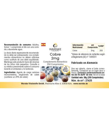Cuivre 2mg - 250 comprim s de 2mg chacun - Bisglycinate de cuivre - HAUTE DOSE - Qualit pharmaceutique allemande - Vegan | Warnke Vitalstoffe - Buy Online on GoSupps.com
