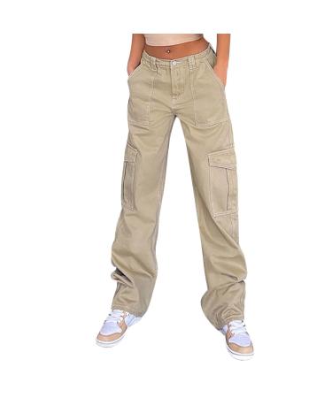 Parachute Pants Y2K Women Cargo Pants Baggy Cargoose Track Pants Streetwear Vintage Jeans Pants 90s E-Girl Streetwear Cargo Pants Y2K Sports pants Lang Lock 06-Khaki S