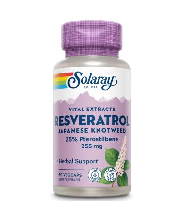 Solaray Super Resveratrol with Pterostilbene 255mg vegan gluten -free laboratory test dietary supplement with resveratrol pterostile japanese knotweed & grape extract 30 capsules