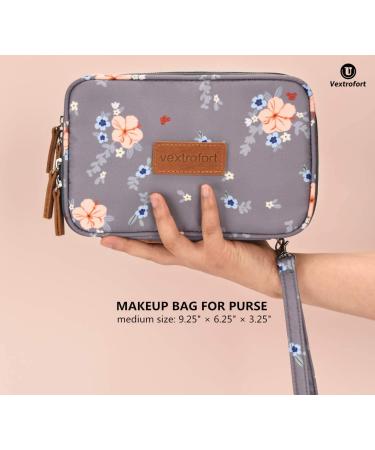 Small Gray Makeup Bag with Brush Organizer - Waterproof Cosmetic Bag for Purse Travel - Women's Toiletry Bag with Detachable Handle - Buy Online on GoSupps.com