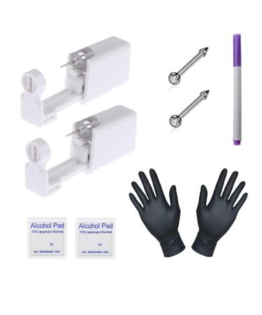 2 Pcs Nose Piercing Kit - Disposable Sterile Home Self Nose Piercing Gun, Safe Painless Nose Stud Piercing Kit Tool with 2mm Stainless Steel Nose Pin (White Crystal)