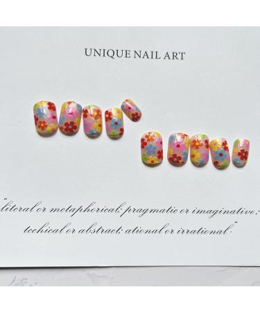 24 Pcs Short Square Flower Press on Nails - Colorful Floral Designs - Glossy Acrylic False Nails - Full Cover Stick on Nails for Women and Girls - Buy Online on GoSupps.com