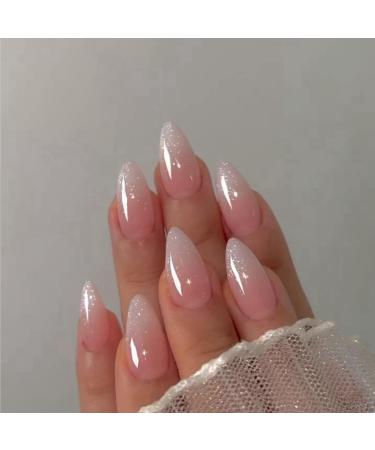 Glitter Ombre Pink Press on Nails Almond Shaped Nails Press ons Medium Fake Nails Short Almond Acrylic Nails Glue on Nails Medium False Nails for Women Thick Natural Gel Stiletto Almond Nails 24Pcs