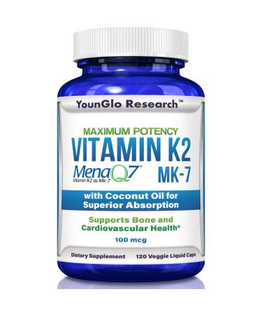 YounGlo Research Vitamin K2 MK7 (MenaQ7) 100 mcg w/Coconut Oil for Superior Absorption Dietary Health Supplement 120 Vegan Liquid Capsules to Support Bone Strength & Density for Adults Women & Men