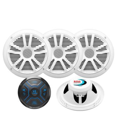 BOSS Audio Systems MG250W.64 Marine Speakers and Gauge Receiver (Built-in 4 CH Amplifier) Package  IPX6 Weatherproof, Bluetooth Audio, No CD, USB, Aux-in, 6.5 Inch Speakers, Full Range