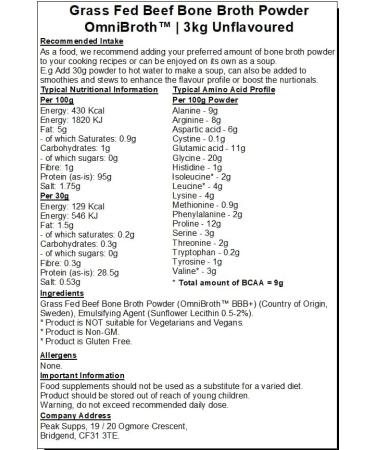 Grass fed Beef Bone Broth Powder 3kg - OmniBrothTM BBB+ High in protein collagen I II III - Buy Online on GoSupps.com