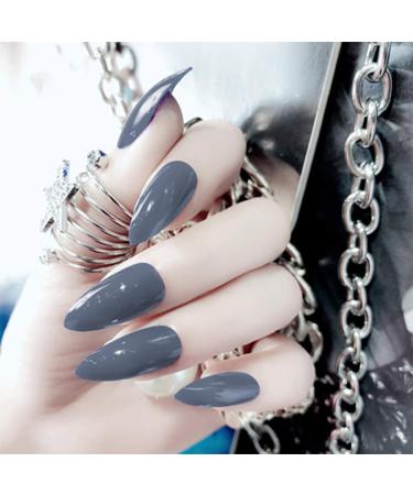 Sethexy Pure Color Glossy False Nails Hell Mode Stilett Complete cover Long Acrylic Klaue 24 pieces wrong fingernails for women and girls (dark gray)