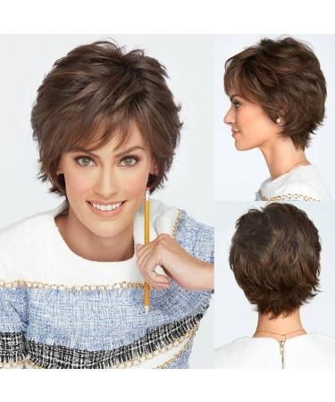 EMMOR Short Brown Human Hair Blend Wig for Women  Natural Lightweight Hair Layered Style Wigs Softer/Finer/Lightweight for Every day Natural Brown