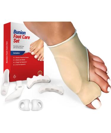 Bunion Corrector for Women and Men - Relieve Bunion Pain and Correct Toe Alignment - 8 Piece Kit Includes: 2 Bunion Sleeves, 2 Toe Separators, 2 Toe Spacers, and 2 Gel Protector Shields - Straighten Overlapping Toes, Crooked Toes, Hammer Toe Beige