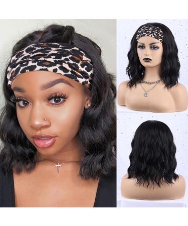 MORICA Headband Wig Short Wavy Wigs for Black Women Black Bob Wig Glueless Synthetic Shoulder Length Wigs 16 Inch Headwrap Wigs with Headband Attached Natural Black