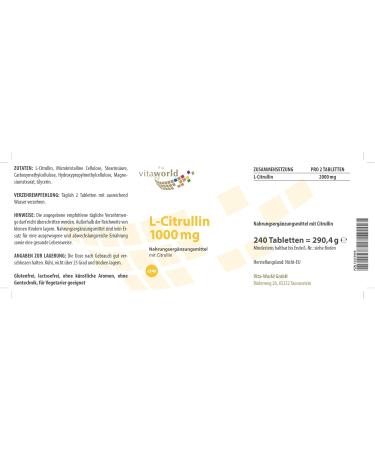 Vita World Pack of 3 L-Citrulline 1000 mg High Dosed 3 x 240 Tablets Vegetarian tablets high bioavailability - Buy Online on GoSupps.com