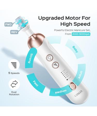 COSLUS 5 in 1 Professional Manicure Pedicure Kit | Electric Nail File Set & Toenail Grinder - 5 Speed Cordless Nail Drill for Thick Nails Cuticles & More for Women Men Baby & Pets - Bright White - Buy Online on GoSupps.com