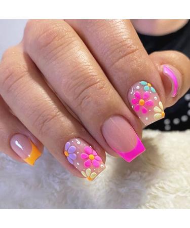 GORS 24 Pcs Spring Summer Flowers Press on Nails - French Square Short Fake Nails Colorful Acrylic Nails Full Cover Glue on Nails Stick on Nails Coffin False Nails for Women Girls Nail Art Decorations Multicolor 3D Flowe...