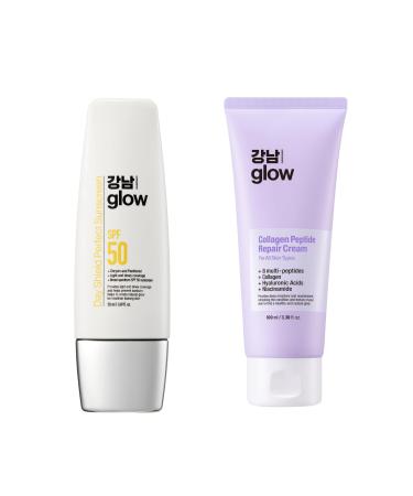 GANGNAM GLOW Day Shield Perfect Sunscreen SPF 50 1.7fl oz + Collagen Peptide Repair Cream 3.38 fl oz Tinted Sunscreen Face Moisturizer with Collagen Peptides and Niacinamide Korean skincare
