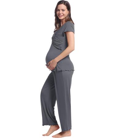 Women's Maternity Pyjama Set | Short Sleeve Tops & Long Pants | Summer Cool Moisture Wicking | Pregnancy Labor Nursing Sleepwear | S Dark Grey - Buy Online on GoSupps.com