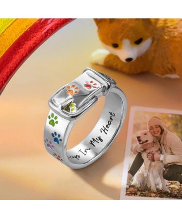 Custom Dog Puppy Cat Paw Print Collar Rememberance Name Ring for Pet Lovers 925 Sterling Silver Ring with Personalised Name Engraving Gift for Women Girls Style 2 - Buy Online on GoSupps.com